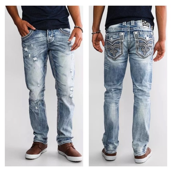 Rock Revival Herb Straight Jeans Men's Size 31x 29 Stretch Faux Flap Destruction - Picture 1 of 16